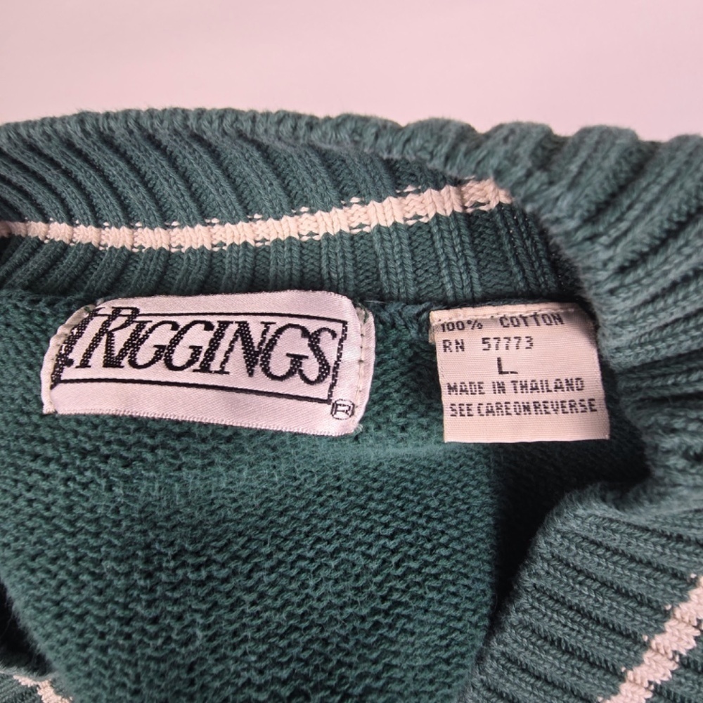 VTG- J. Riggings Men's Green Cable Knit V-Neck Sweater Cricket Preppy Grandpa L - Picture 5 of 8